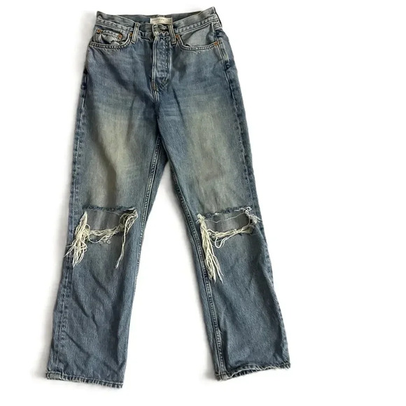 Topshop Blue Distressed Button Fly Frayed Hem Dad Jeans W25 L30 - Picture 1 of 5